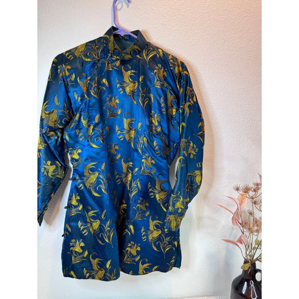 1950s Hand-Sewn Chinese Silk Brocade Jacket Quilted Lining Blue Gold Floral